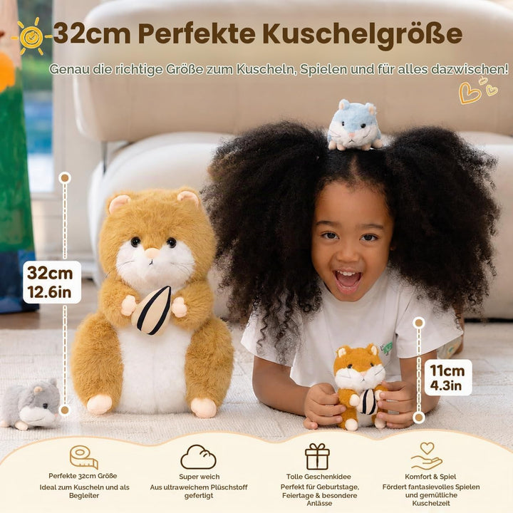 MorisMos 5 stücke Hamster Plüschtier Set, 32cm gross süss Hamster Kuscheltier XXL mit 4 Babys im Bau