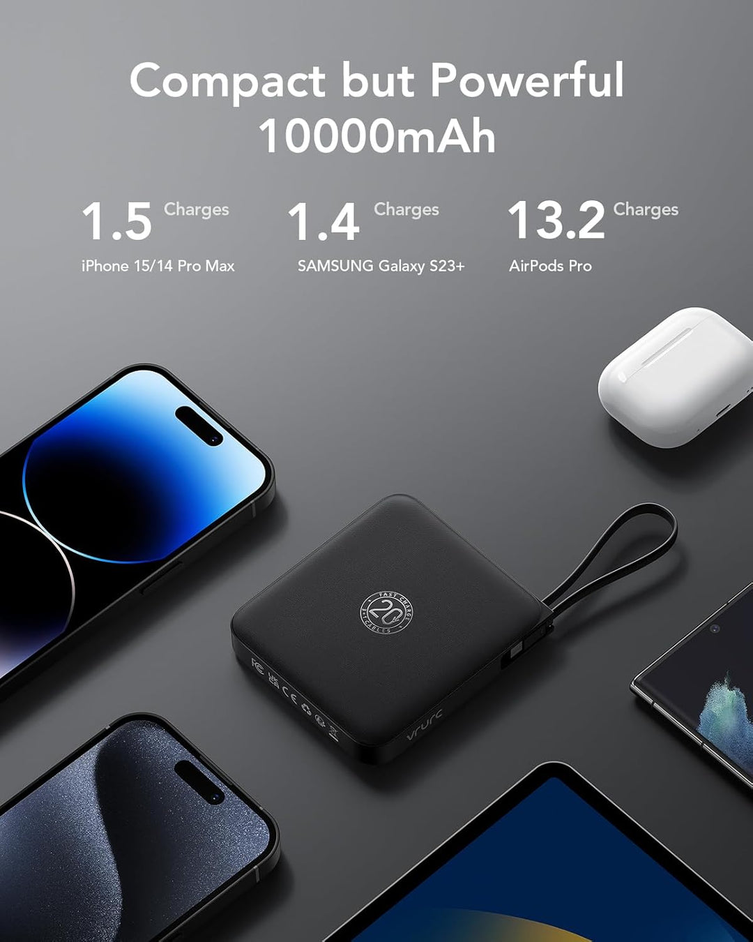 VRURC Power Bank mit Kabel 10000mAh Klein USB C Powerbank Schnelles Aufladen 22.5W Mini Tragbares La