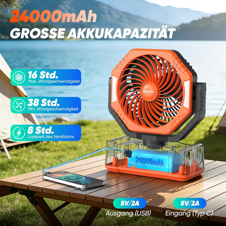 Camping Ventilator mit 24000mAh Akku Wiederaufladbar, HD Digitalanzeige |USB| LED-Licht| Timer, 6 Ge