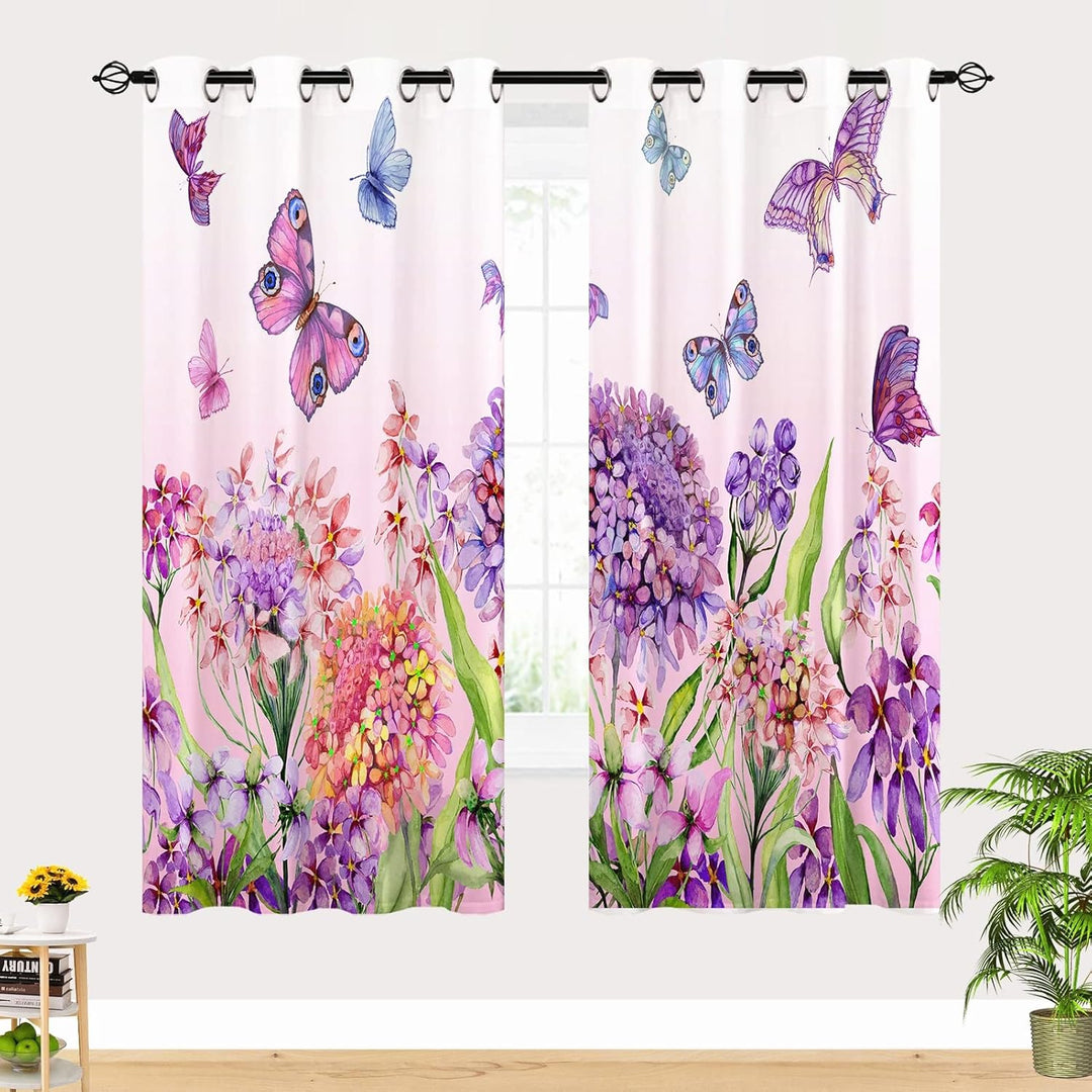 YUANZU Blumen Schmetterling Vorhänge Sommer Aquarell Blume Bunt Ösen Gardinen mit Blickdichte Thermo