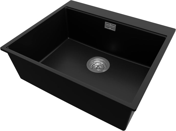 PRIMAGRAN Spülbecken Schwarz 58x50cm, Granitspüle 1 Becken + Ablauf-Set, Küchenspüle ab 60er Untersc