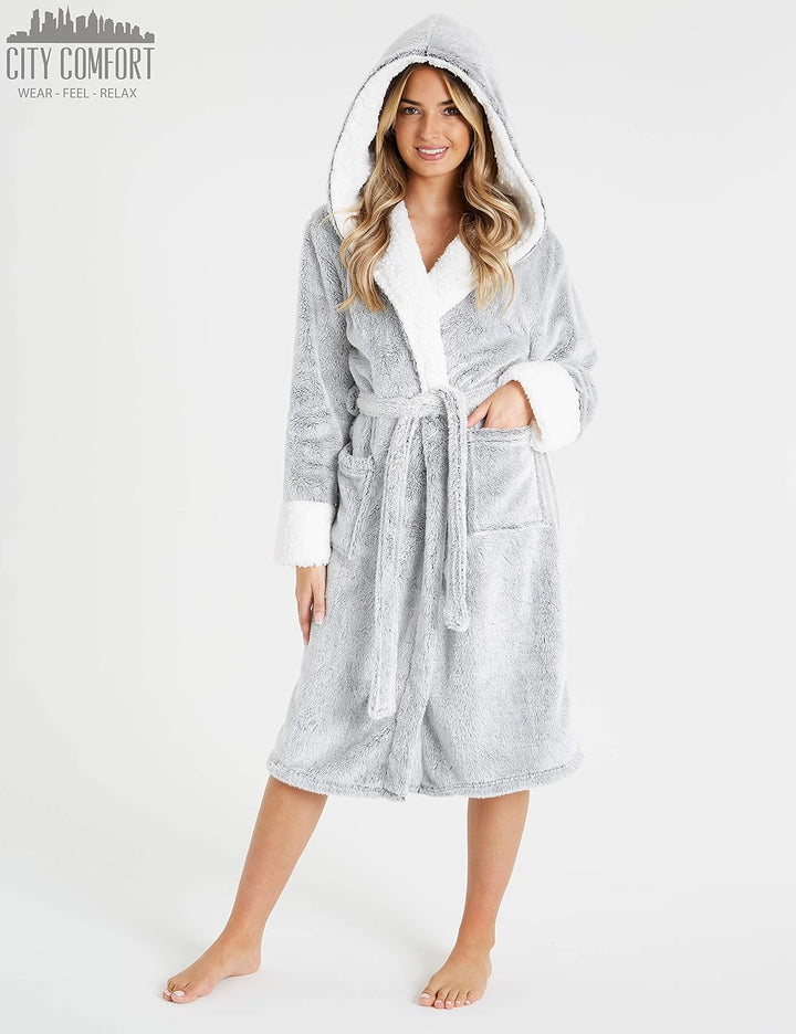 CityComfort Bademantel Damen Flauschig, Fleece Morgenmantel Damen Dressing Gown Women L Grau, L Grau