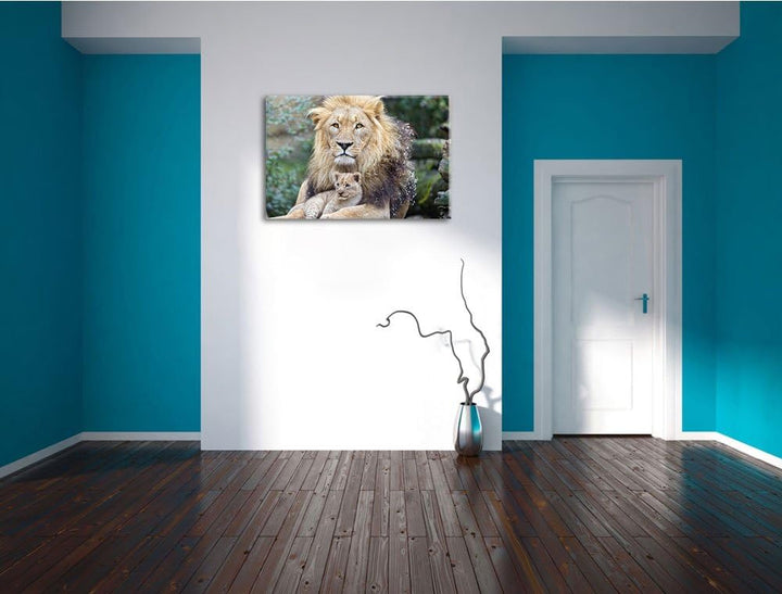 Pixxprint Löwe kuschelt mit Jungtier auf Leinwand, XXL riesige Bilder fertig gerahmt mit Keilrahmen,