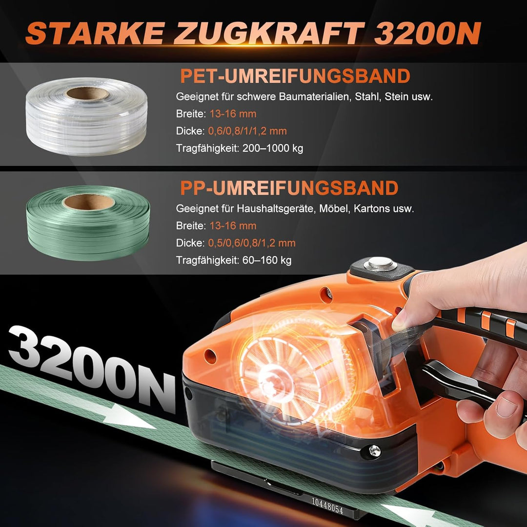 Umreifungsgerät Akku für 13-16 mm PP-/PET-Band mit Digitaldisplay, 2 x 4000 mAh Akku, 900-3500N Elek