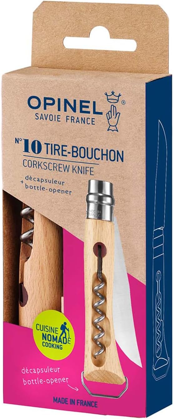 Opinel Taschenmesser No. 10, mit Korkenzieher und Kapselheber, aus rostfreiem Stahl, mit Buchengriff