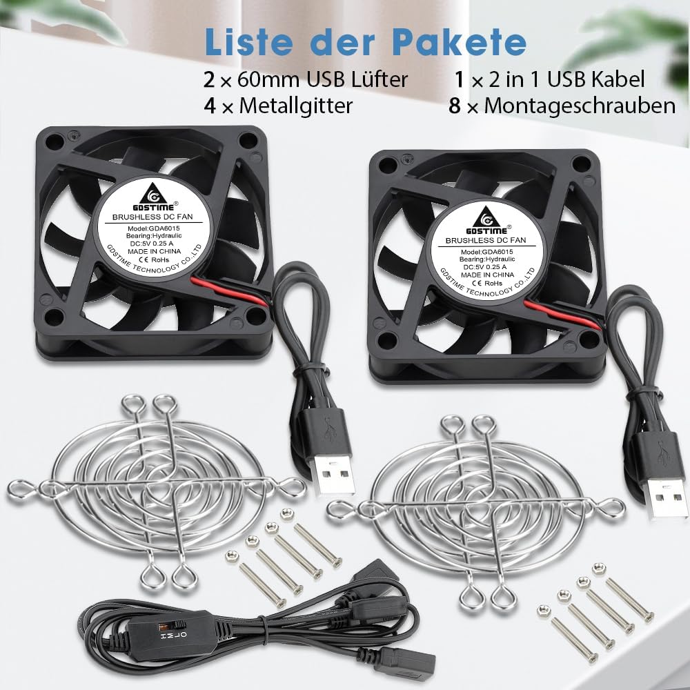 GDSTIME 2 Stück 60mm USB Lüfter 60 x 15mm USB PC Lüfter 5V 60x60 Computer Ventilator 3 Einstellbare