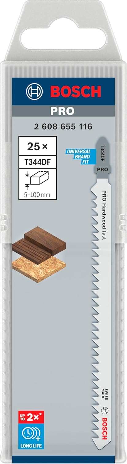 Bosch 25x PRO Hardwood fast T344DF Stichsägeblatt (für Hartholz, Grobspanplatte, Länge 152 mm, Profe