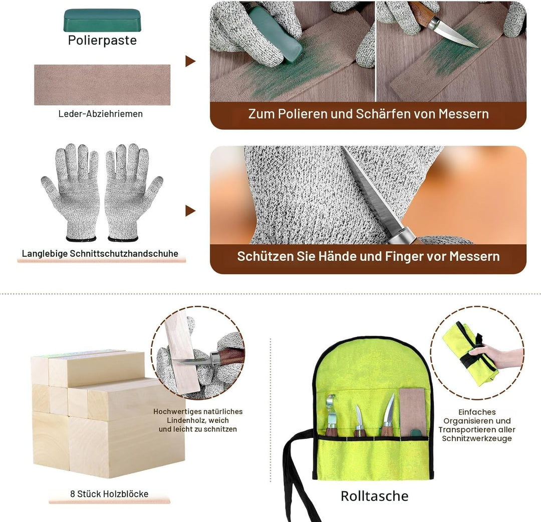 Holz Schnitzwerkzeug Set für Kinder und Anfänger, Holz Schnitzen Set mit 8PCS Lindenholz, Holzschnit