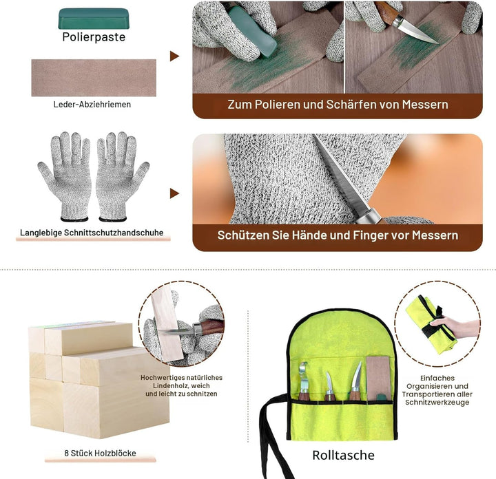 Holz Schnitzwerkzeug Set für Kinder und Anfänger, Holz Schnitzen Set mit 8PCS Lindenholz, Holzschnit