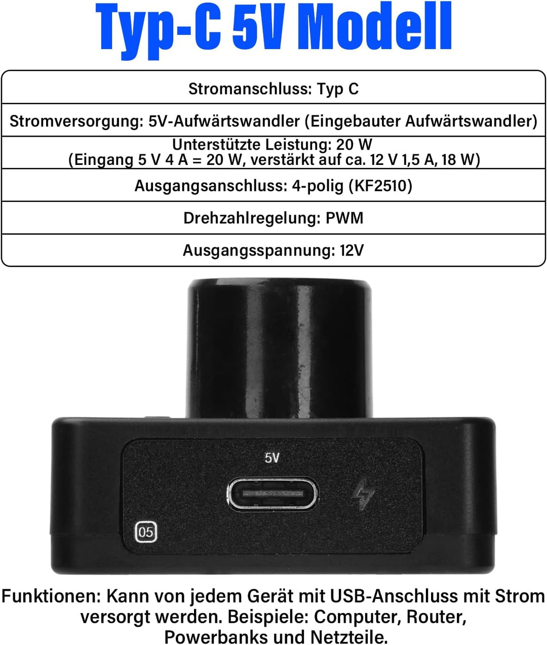 Aideepen 4 Pin 12V PWM-Lüfterregler, Type-C 5V-Netzteil 4 Draht DIY PWM-Geschwindigkeitsregler, Fan
