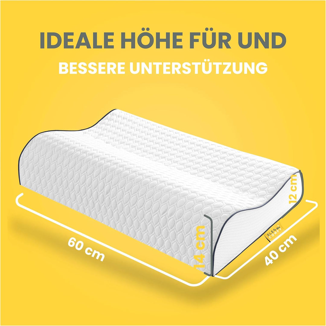 SLEEP COMFY - Premium Visco HWS Nackenkissen, 60x40x14/12cm, Kopfkissen mit Bezug, Nackenstützkissen