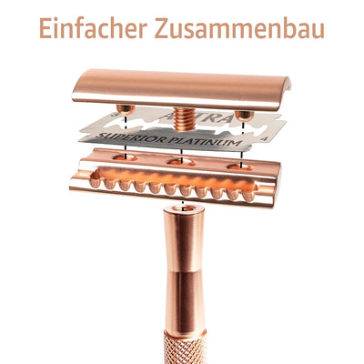 ANYMALE® Rasierhobel Rosegold Edition - Damen Set mit Ständer und 5 ASTRA Klingen - Plastikfreier Ra