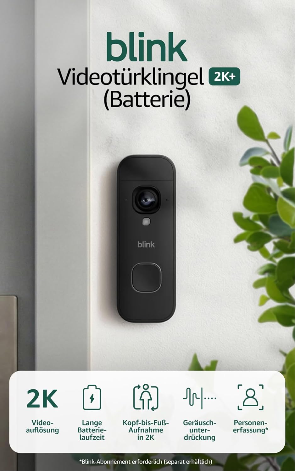 Blink Videotürklingel 2K+ (Batterie, neueste Gen.) | Kopf-bis-Fuss-Aufnahme | 2K | IP65 | Lange Batt