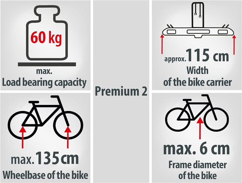 EUFAB 11521 Fahrradträger PREMIUM 2, E-Bike geeignet, komplett vormontiert, Diebstahlschutz, für 2 F