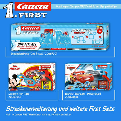 Carrera First Mario Kart Rennbahn-Set | Mario vs. Yoshi | 2 Fahrzeuge inklusive | Kreisel für extra