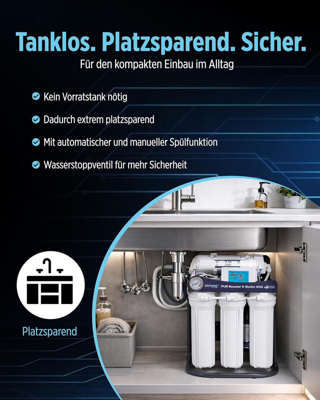 PUR Booster 5 Stufen 600 GPD tanklose Umkehrosmoseanlage
