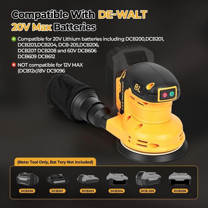 Akku-Exzenterschleifer, Kompatibel mit Dewalt 20V Batterie, 3 Geschwindigkeiten, 9700-19000 U/min Bü