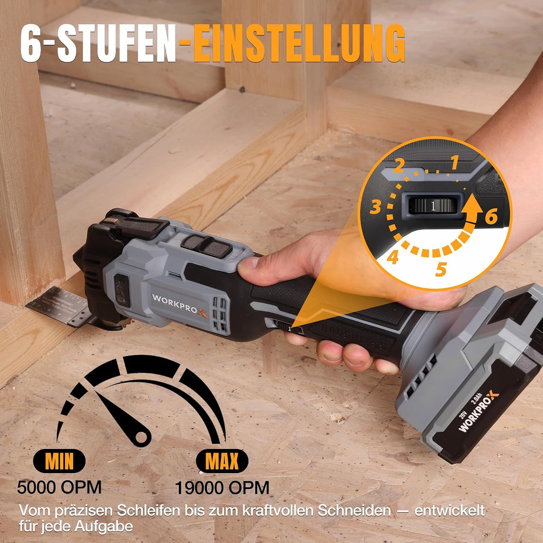 WORKPROX 20V Bürstenloser Oszillationswerkzeug Akku mit Tasche | 6 Einstellbare Geschwindigkeiten, M