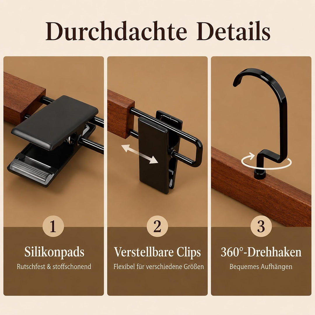 10 Stück Hosenbügel aus Umweltfreundlichem Naturholz, Rockbügel mit Verstellbaren Anti-Rutsch Clips