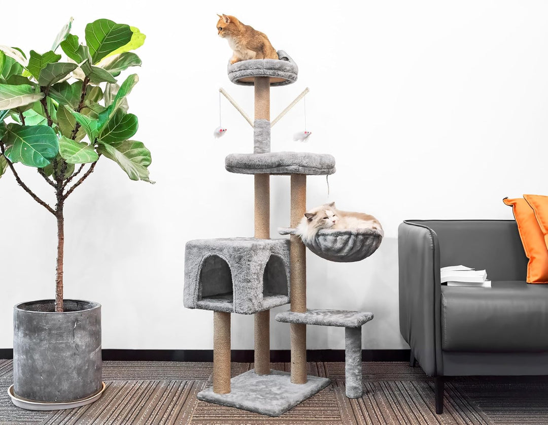 HOMIDEC Katzen Kratzbaum, 145 cm Katzenbaum Kletterturm, Kletterbaum Aktivitätskratzbäum mit Säulen