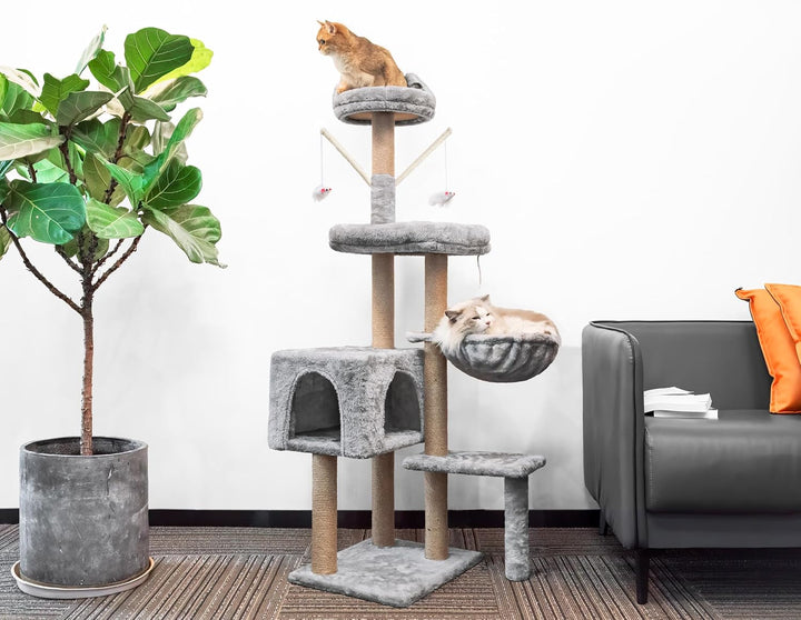 HOMIDEC Katzen Kratzbaum, 145 cm Katzenbaum Kletterturm, Kletterbaum Aktivitätskratzbäum mit Säulen