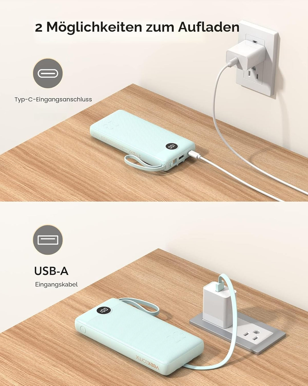 VEEKTOMX Powerbank 20000mAh Power Bank mit integrierten Kabeln USB C Externe Handyakkus mit 5 Ausgän