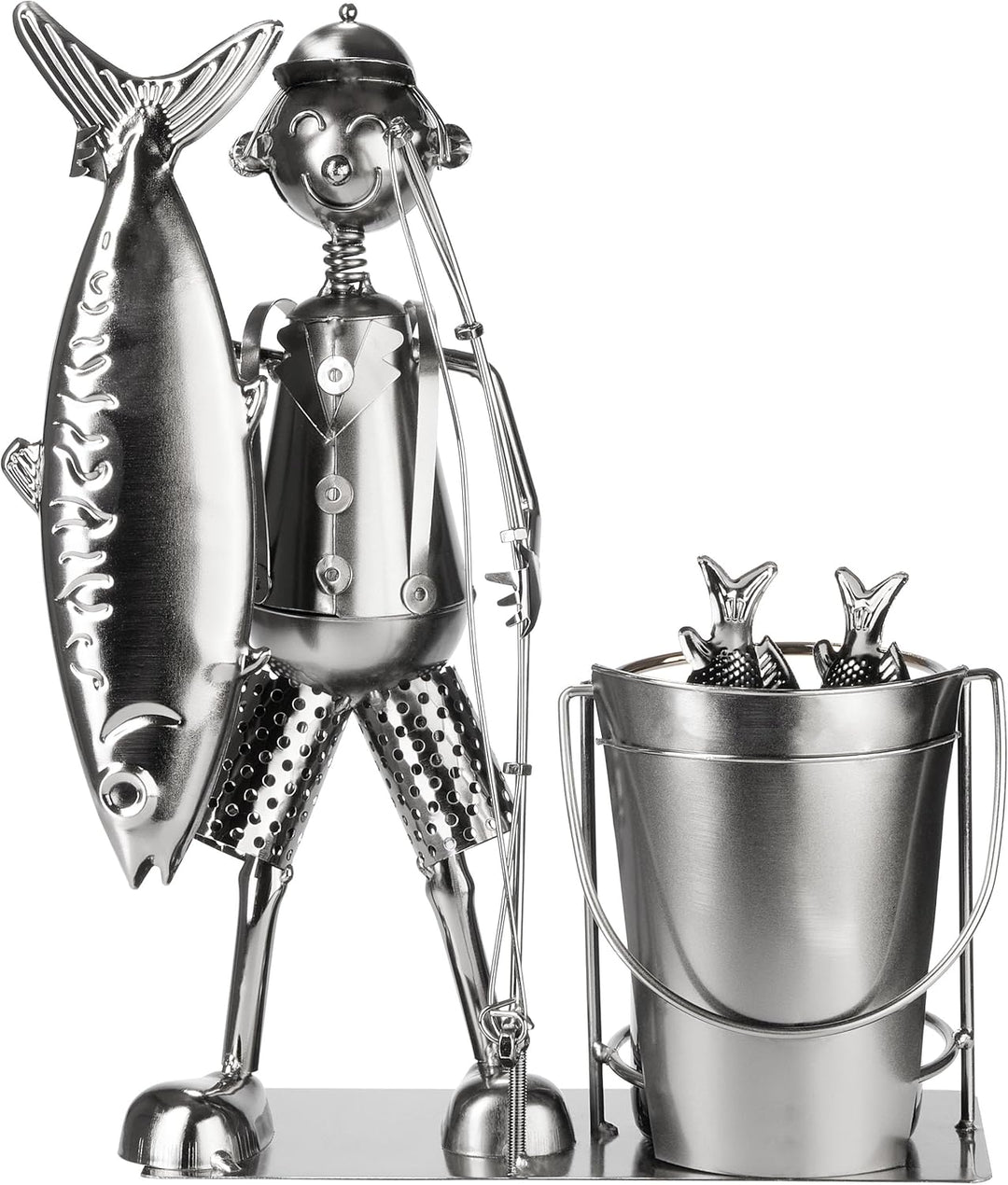 BRUBAKER Weinflaschenhalter „grosser Fang“ Angler mit Fisch, Angel und Eimer - Metall Flaschenhalter