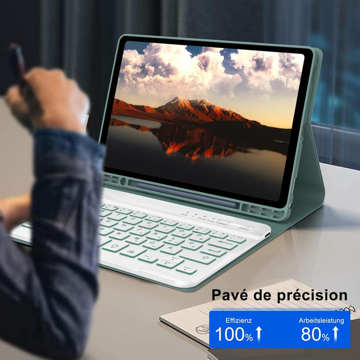 Hülle mit Tastatur für Samsung Galaxy Tab A9 8.7'' 2023, 7 Farben Beleuchtung, QWERTZ Deutsches, Mag