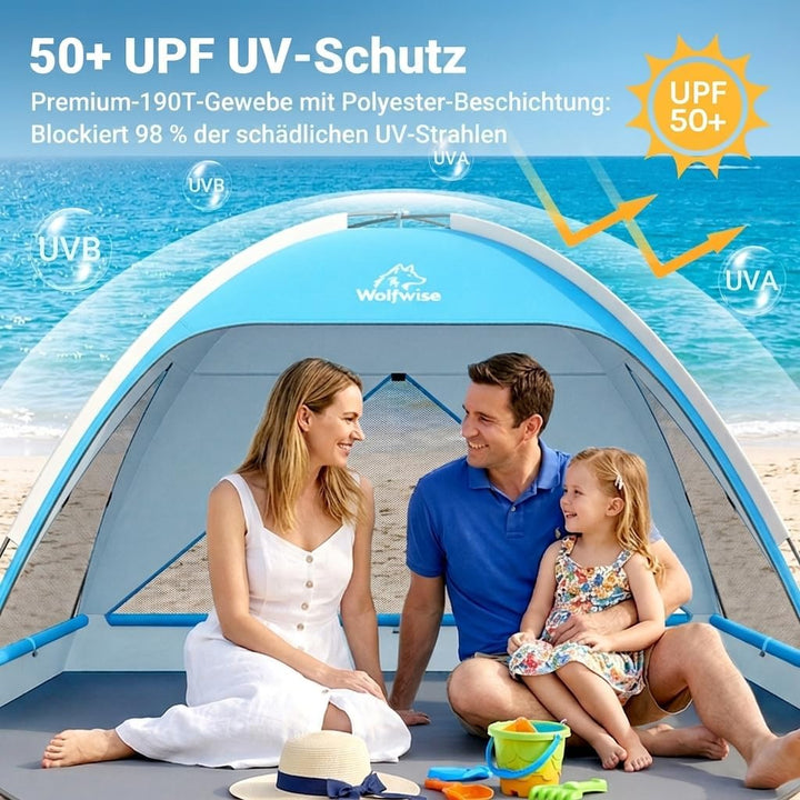 Wolfwise Strandmuschel UV Schutz, 3 Belüftungsfenster & Tragetasche, Strand Zelt mit erweiterbarem B