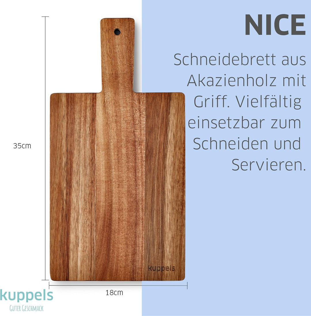 Kuppels Schneidebrett NICE | aus Akazienholz | 35 x 18 x 1,5 cm | mit Griff | Holzbrett klingenschon