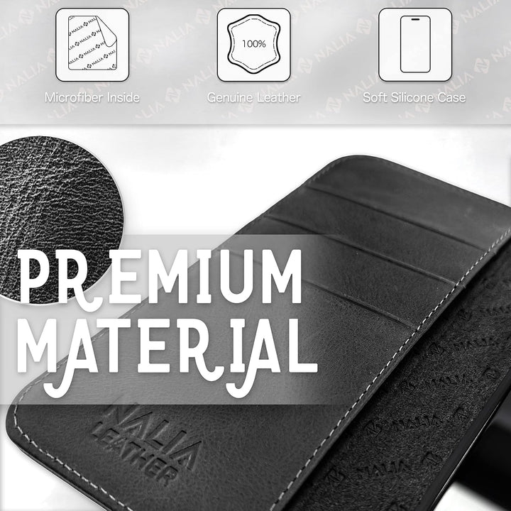 NALIA Echt-Leder Flipcase kompatibel mit iPhone 14 Plus Hülle, Handgefertigt Rindsleder Schutzhülle