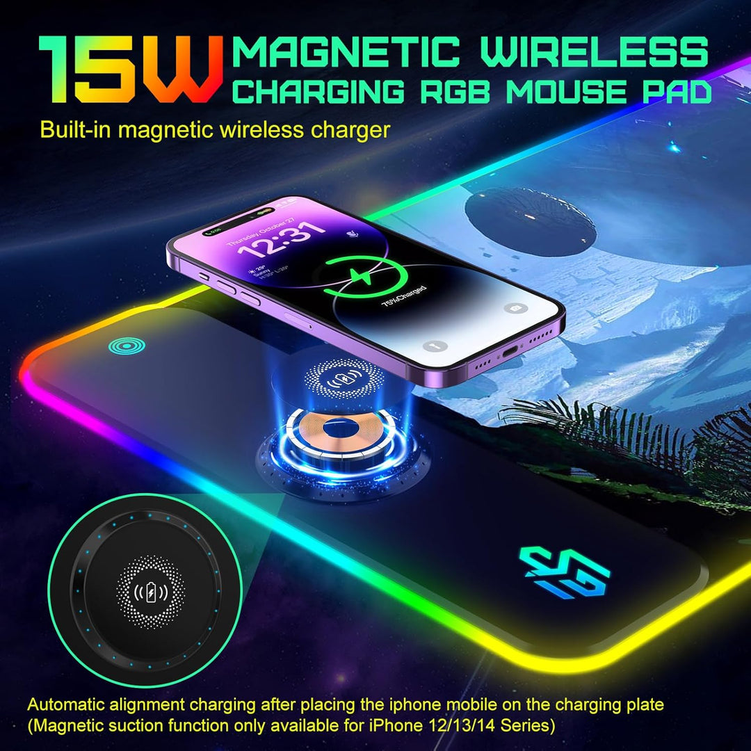 GIM RGB Gaming 15W Wireless Schnelllade-Mauspad XXL Mousepad 800 x 300 x 4cm, Sternmotiv, LED, wasse