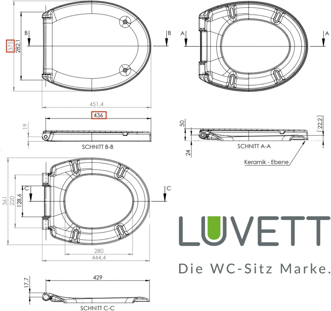 LUVETT® WC-Sitz inkl. 3 Edelstahl Montagelösungen & Absenkautomatik Softclose, Made in EU, antibakte