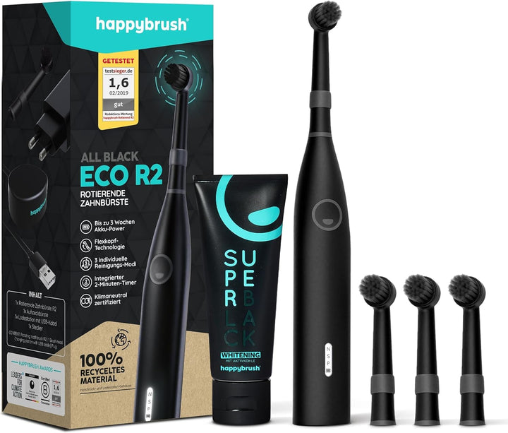 happybrush® Elektrische Zahnbürste Eco R2 - Nachhaltige rotierende Zahnbürste mit Power-Akku inkl. 3