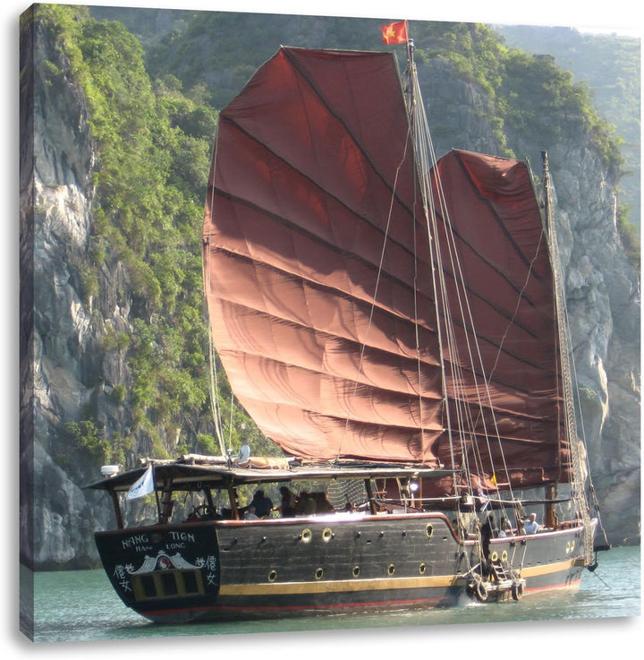 Pixxprint Segelschiff im Sonnenuntergang 70x70cm Leinwandbild Wandbild Kunstdruck, 70x70