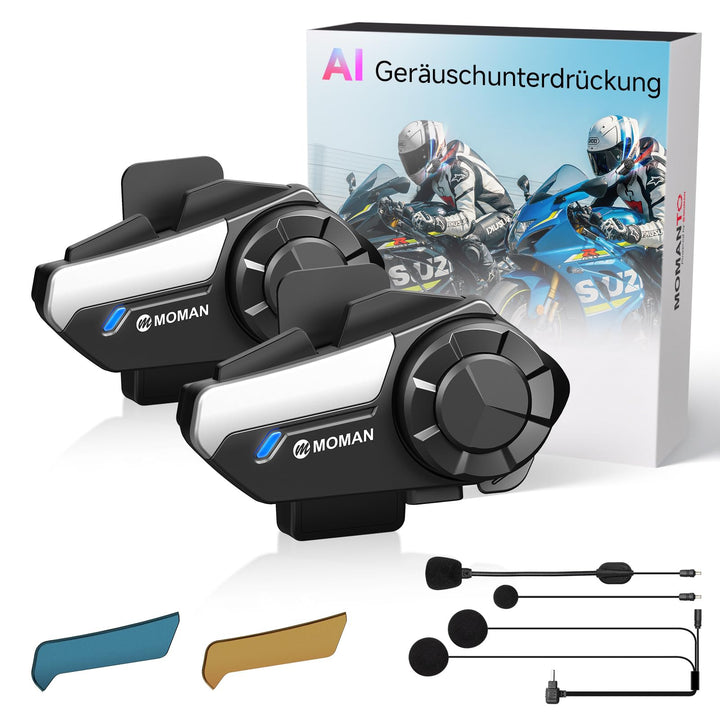 Moman Motorrad Intercom Headset, H2 Pro【2 Pack Schwarz】 Motorradhelm Gegensprechanlage Kommunikation