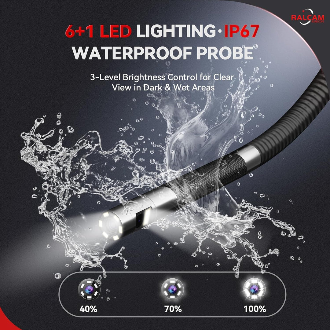 Ralcam Endoskopkamera mit Licht, Endoscope Camera mit 360° beweglichem Kopf, 6,5mm Dual-Sonde, 5" HD