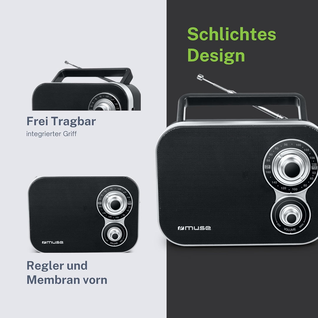 Muse M-051R tragbares Retro-Radio, UKW und MW, Netz- und Batteriebetrieb, Teleskopantenne, AUX-In, s