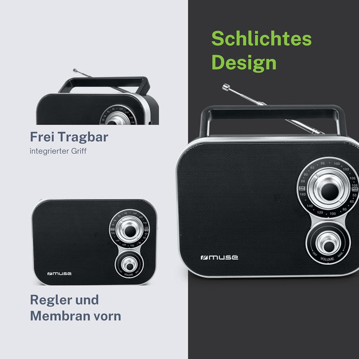 Muse M-051R tragbares Retro-Radio, UKW und MW, Netz- und Batteriebetrieb, Teleskopantenne, AUX-In, s