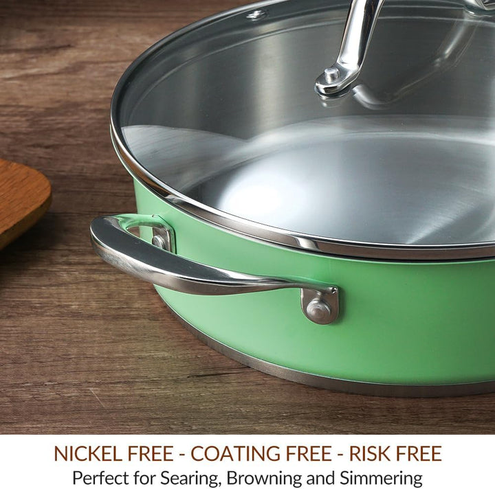 HOMICHEF 24 cm Mintgrün Nickel Frei Edelstahl Sauteuse mit Glasdeckel - 2,36 L ungiftig tief Bratpfa