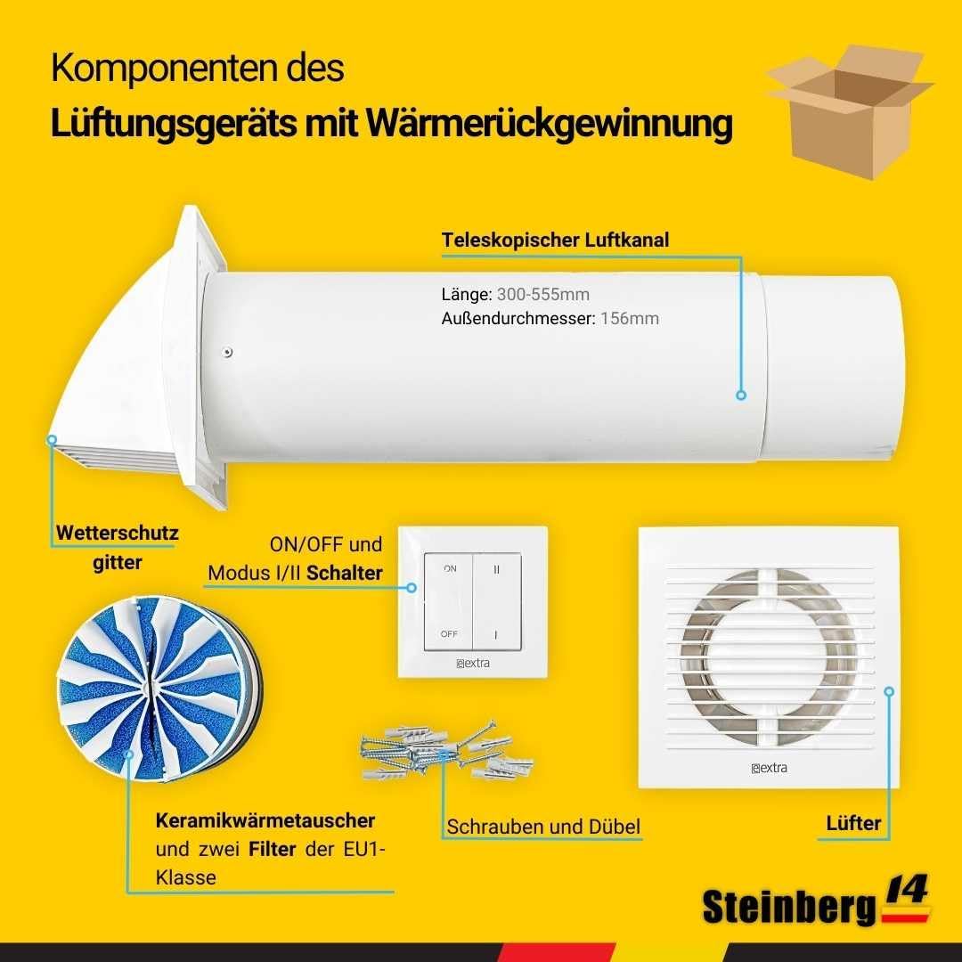 Steinberg14 Weiss 150mm Dezentrale Lüftung mit Wärmerückgewinnung - Rekuperator mit Schalter - Wandl