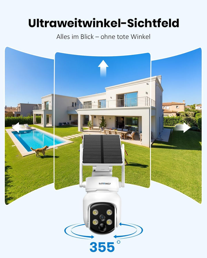 2.5K 4MP Überwachungskamera Aussen Solar, 360°PTZ Kamera Überwachung Aussen Akku, 2,4/ 5GHz WLAN Kam