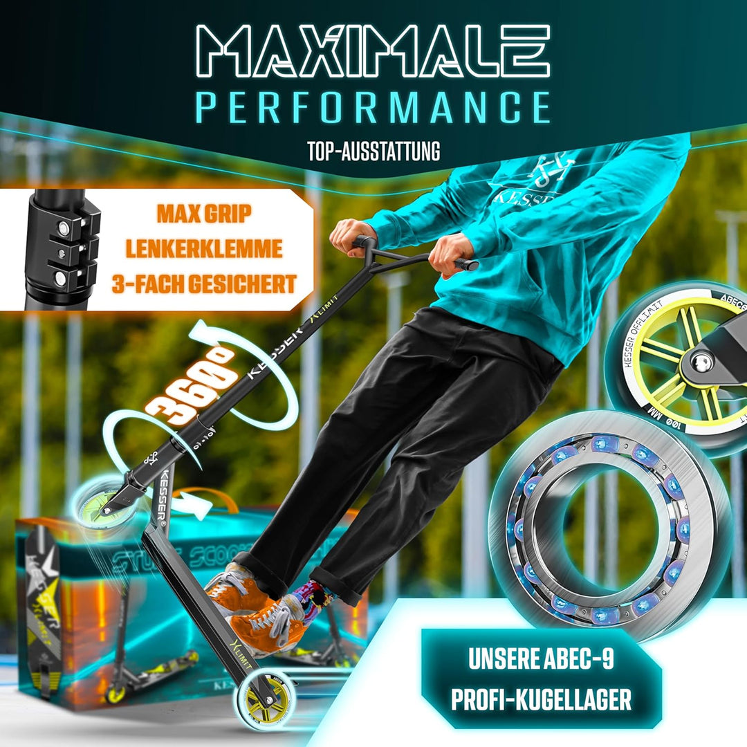 KESSER® Stunt Scooter X-Limit - 360° Lenkung Robuster Funscooter Stuntscooter mit ABEC 9 Kugellagern
