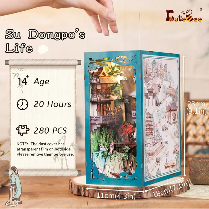 CUTEBEE Book Nook Kit mit Staubschutzhülle–DIY Puppenhäuser Miniatur Haus Kit mit LED-Licht,Booknook