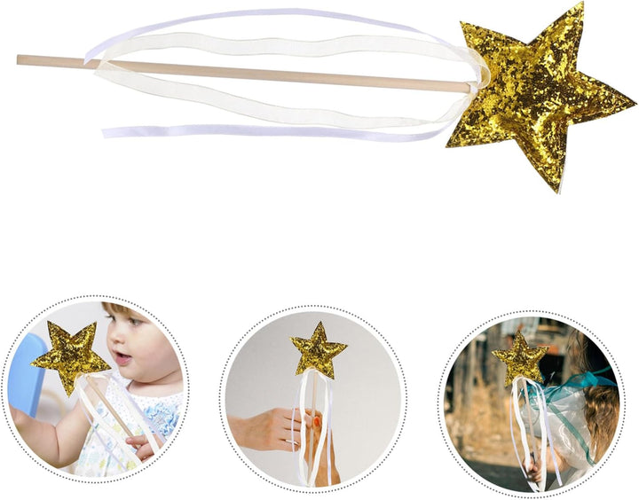BESTonZON Sternenfeenstab | Goldfarben | Mit Holzstab & Bändern | Für Bühne, Party, Feen- & Elfenkos