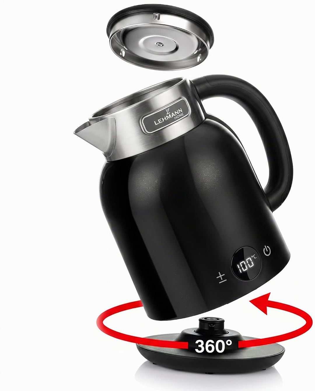LEHMANN Wasserkocher 1,5L mit Temperatureinstellung 40-100°C, Warmhaltefunktion, LED-Display, Doppel
