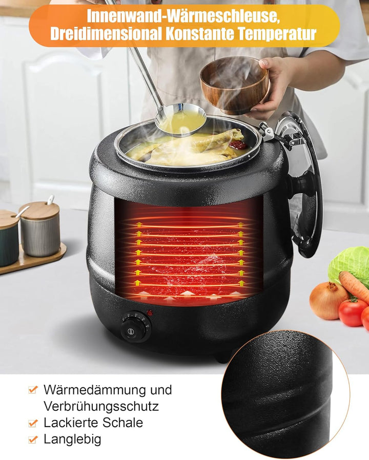 Suppenkessel Elektrisch 10L, Suppentopf mit Klappdeckel und und Deckel bis 80°C herausnehmbarem Edel