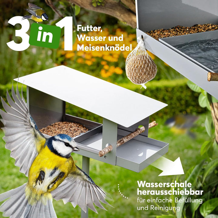 Vogelhaus mit Ständer [wetterfest] - 3-in-1 Futterhaus für Vögel - grosses, Robustes Vogelhäuschen,