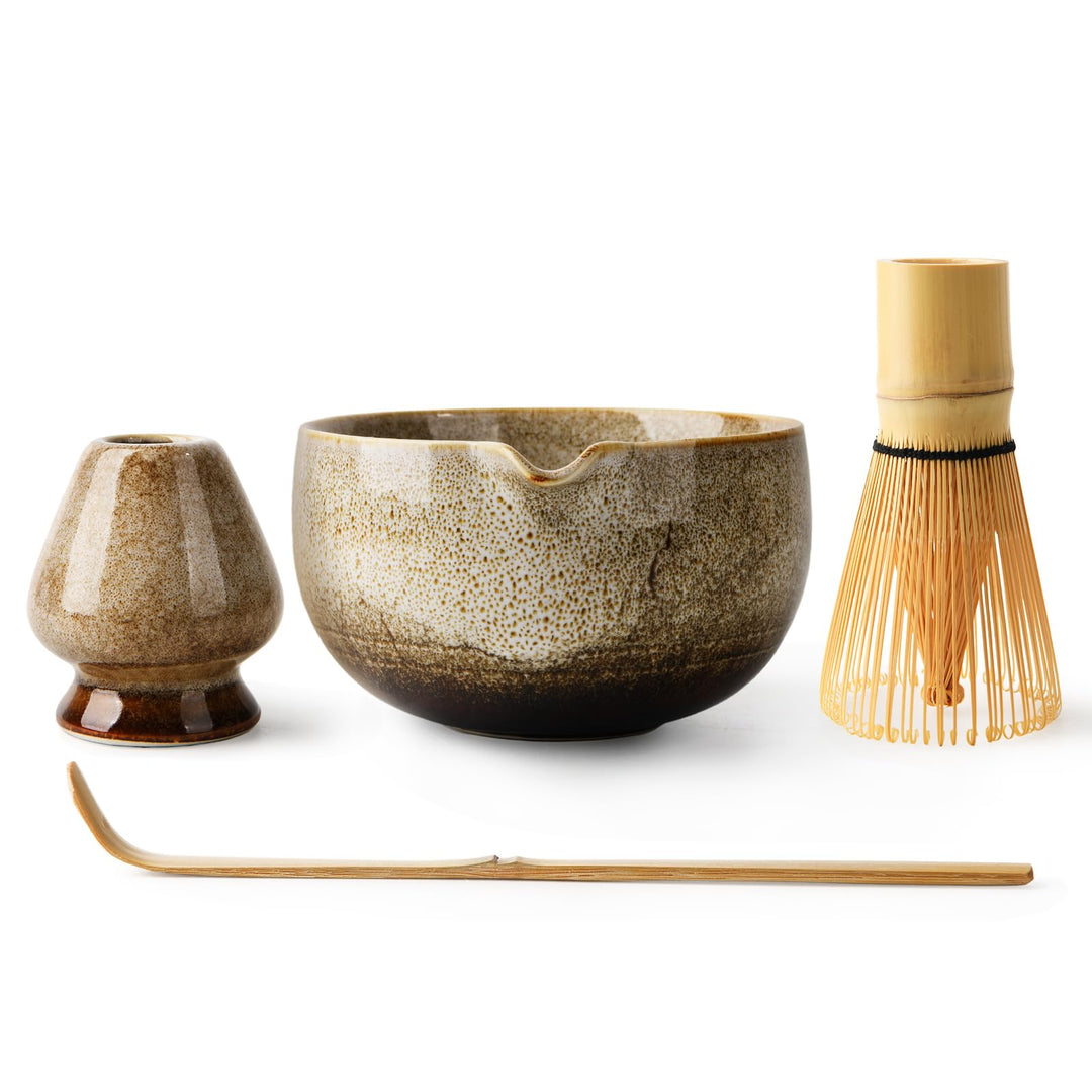 Japanisches Matcha-Teeset, Matcha-Schale mit Ausguss, inklusive handgefertigtem Keramik-Besenhalter,