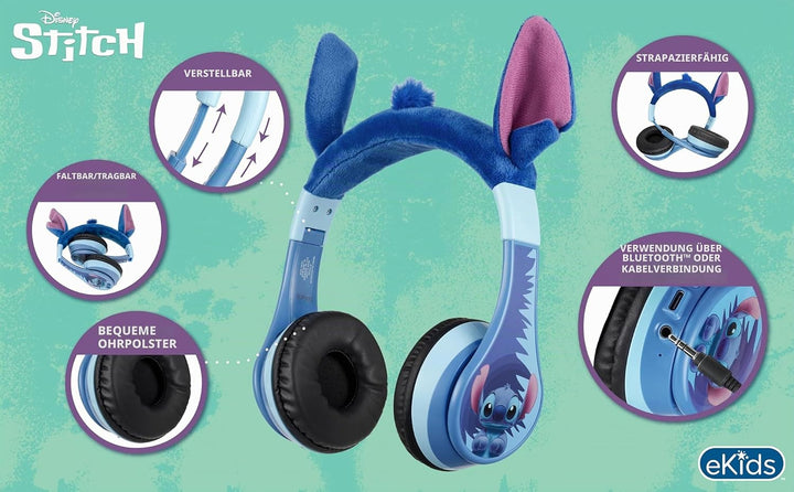 ekids Disney Stitch Bluetooth-Kopfhörer, kabellose Kopfhörer mit Mikrofon, inklusive AUX-Kabel, Laut